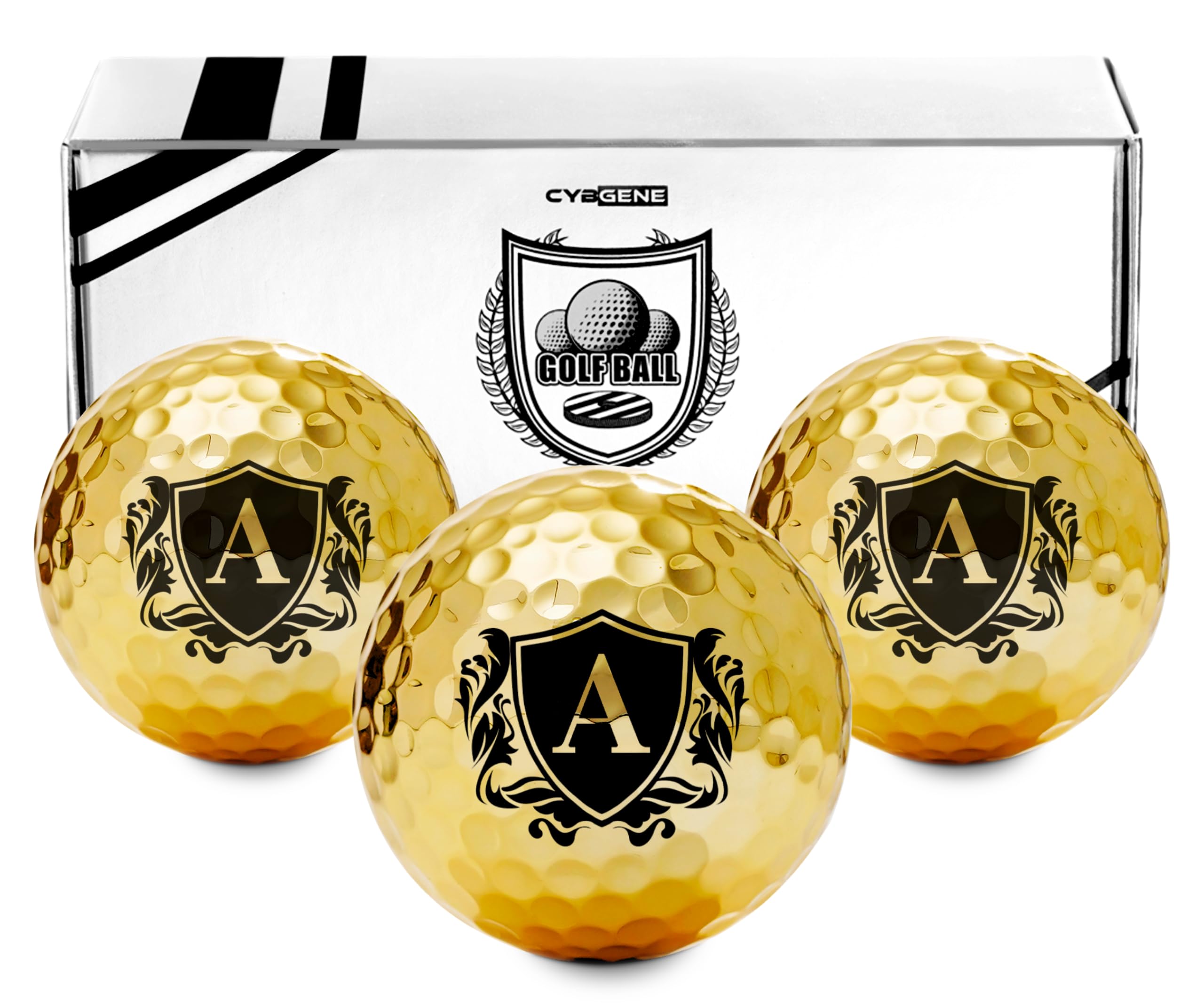 CybGene front packaging showing three gold golf balls and premium presentation