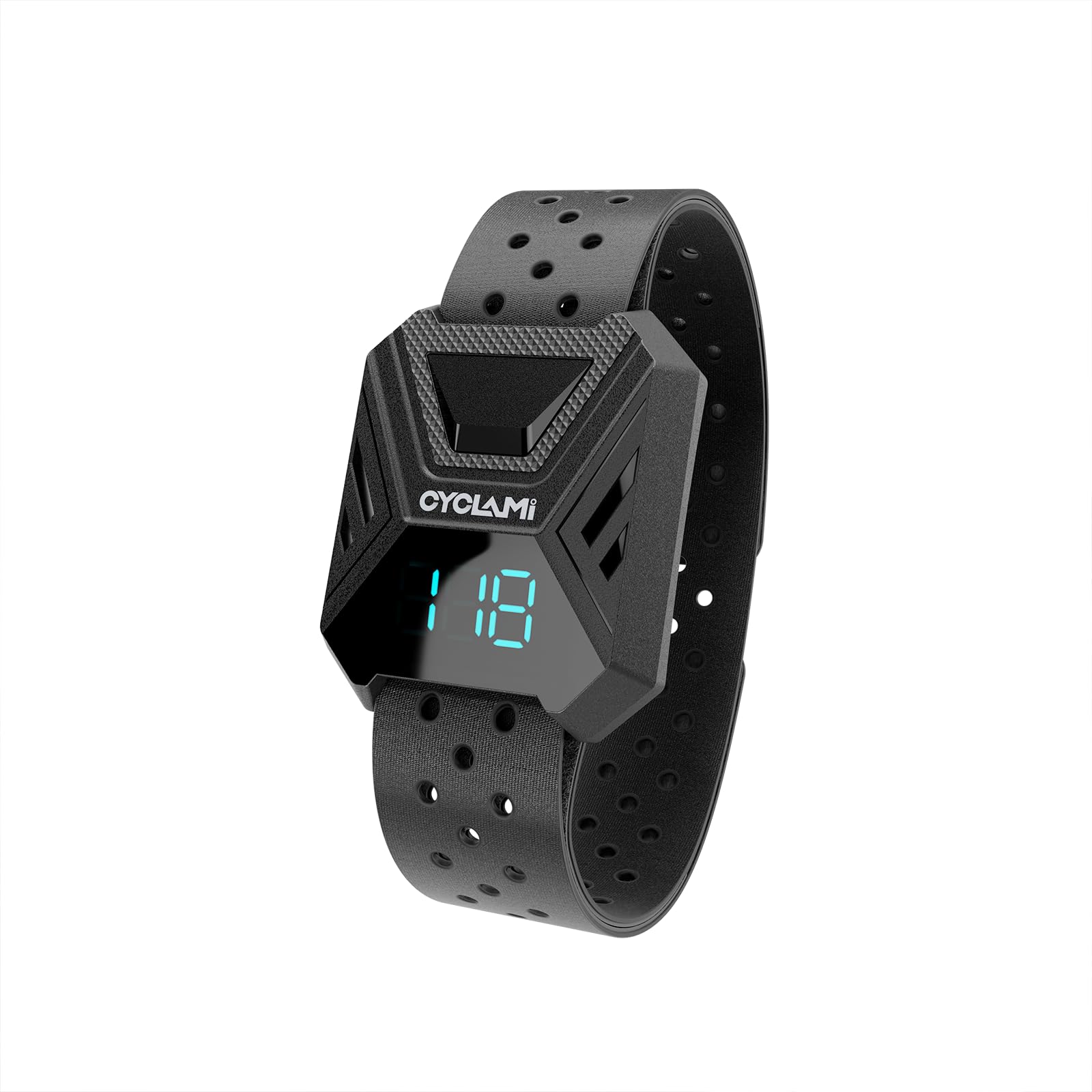 CYCLAMI armband front display showing live heart rate and convenience