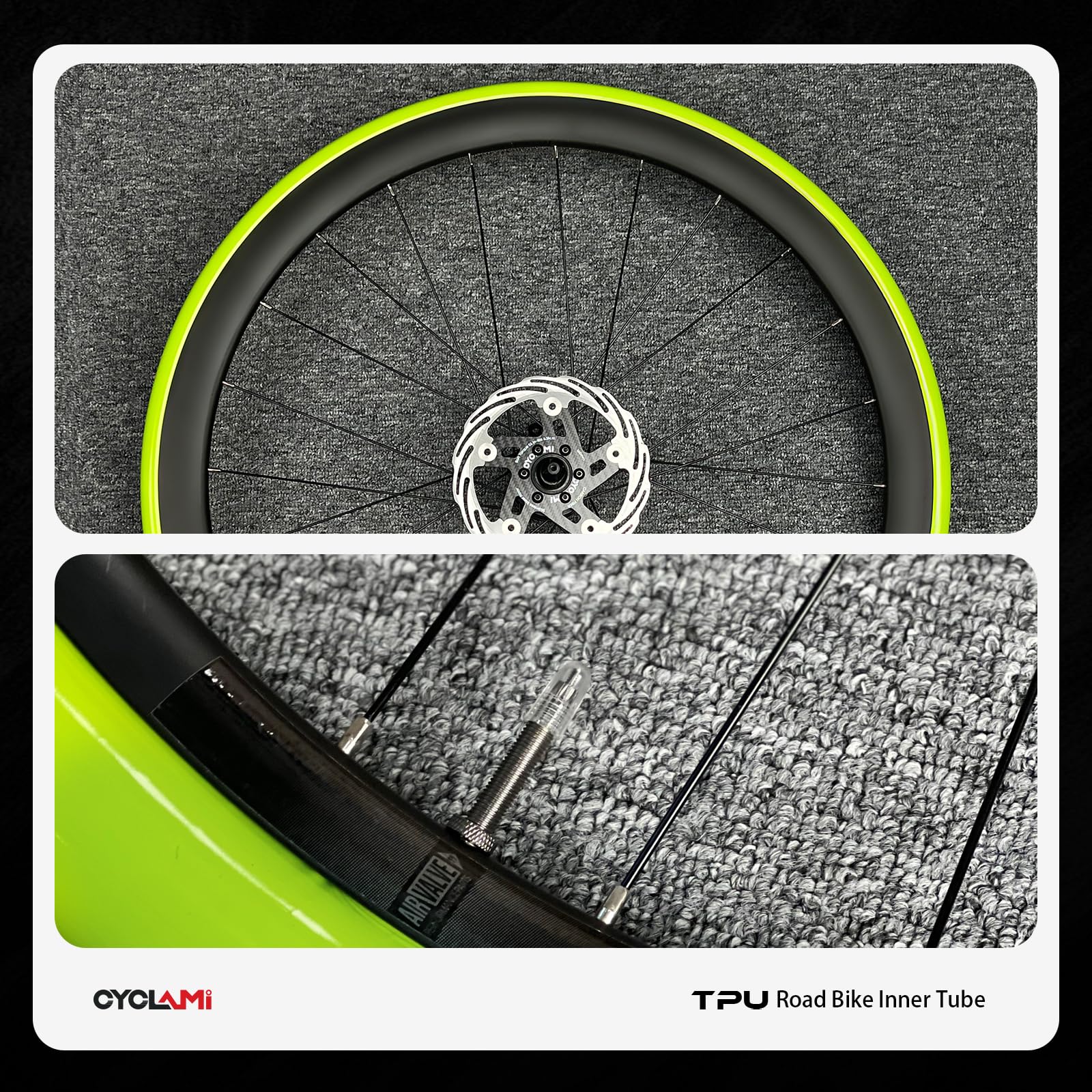 CYCLAMI tube next to saddle bag showing compact, space-saving benefit