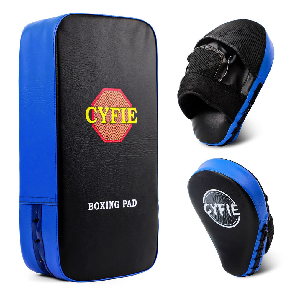 Cyfie front view of mitts and kick pad showing complete set and versatility