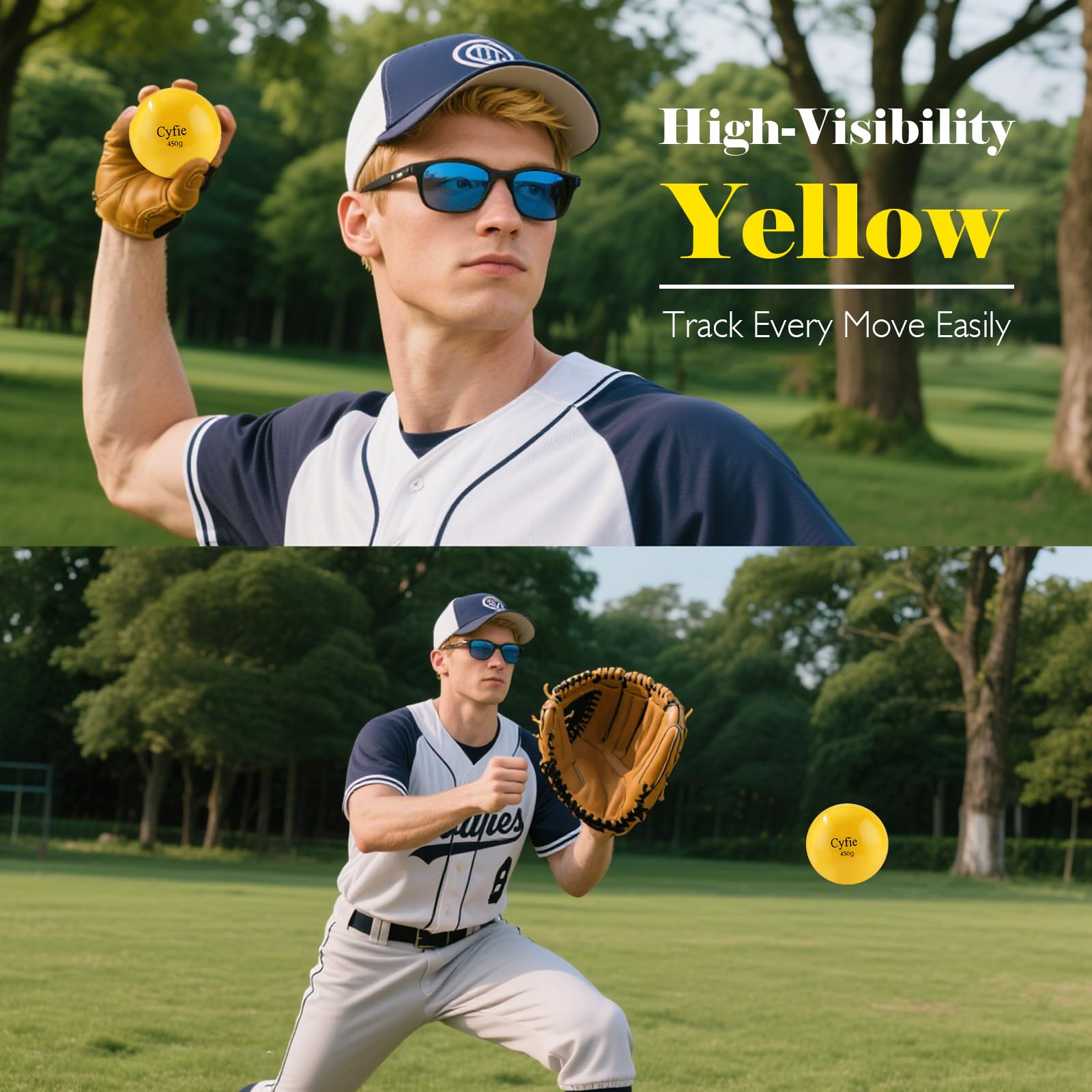 Cyfie ball held in hand to show size and weight for realistic batting preparation