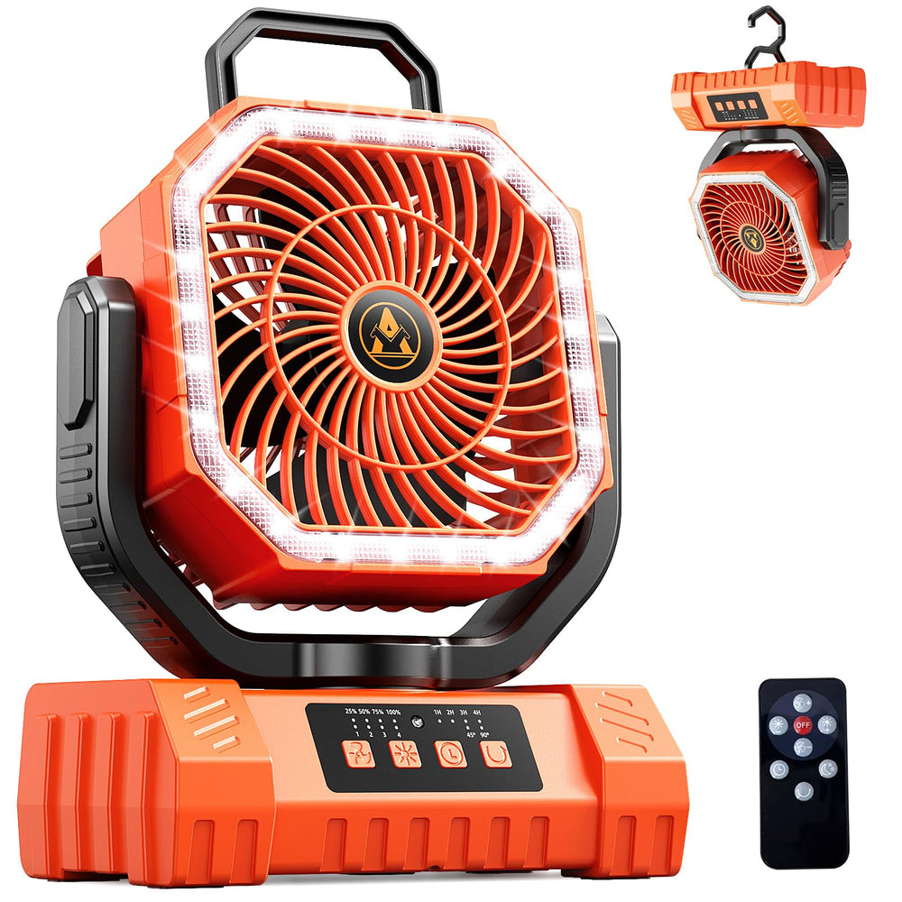 DABOUHORS front view of orange rechargeable fan showing compact design and benefits