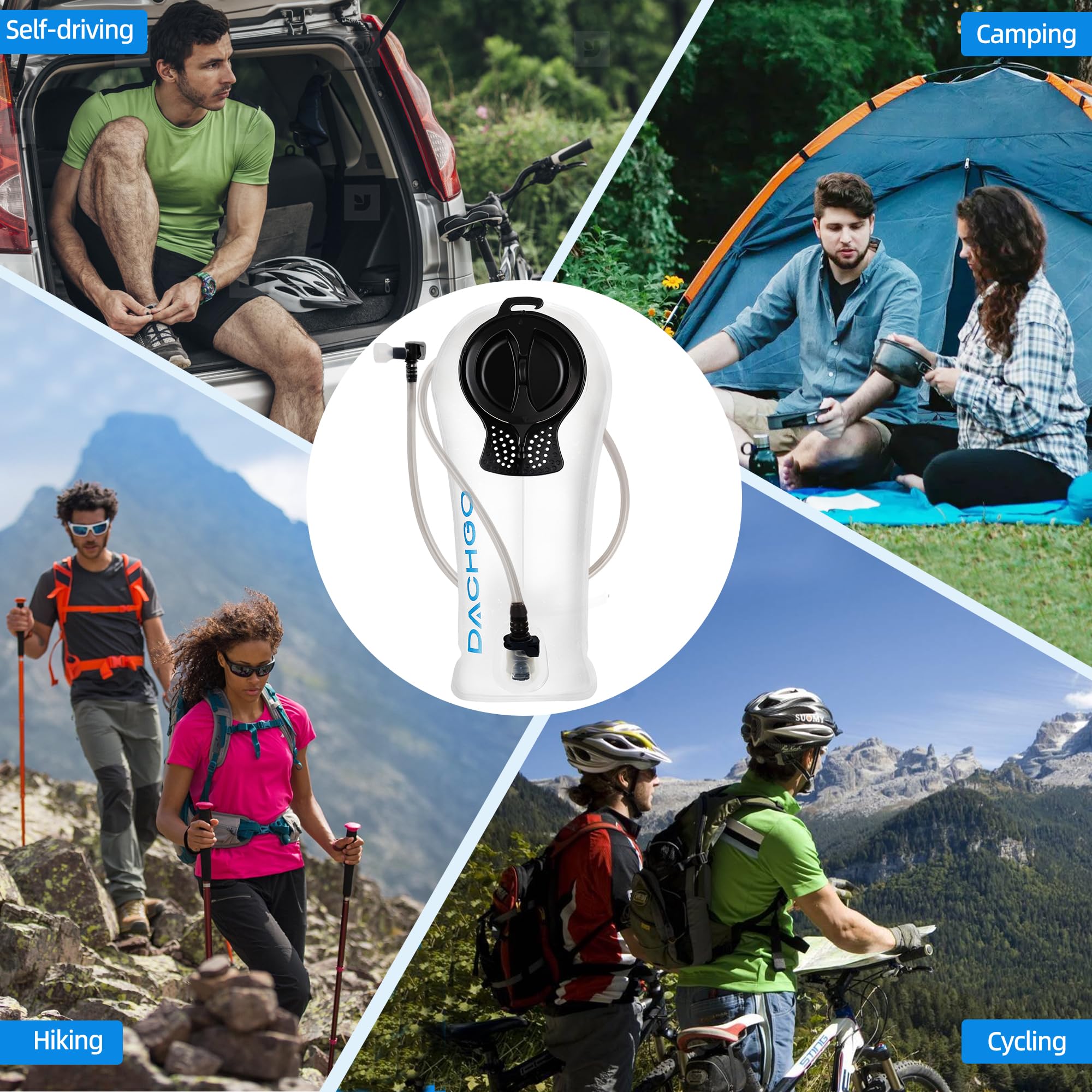 Dachgo hydration bladder in use by hiker for hands-free drinking and convenience