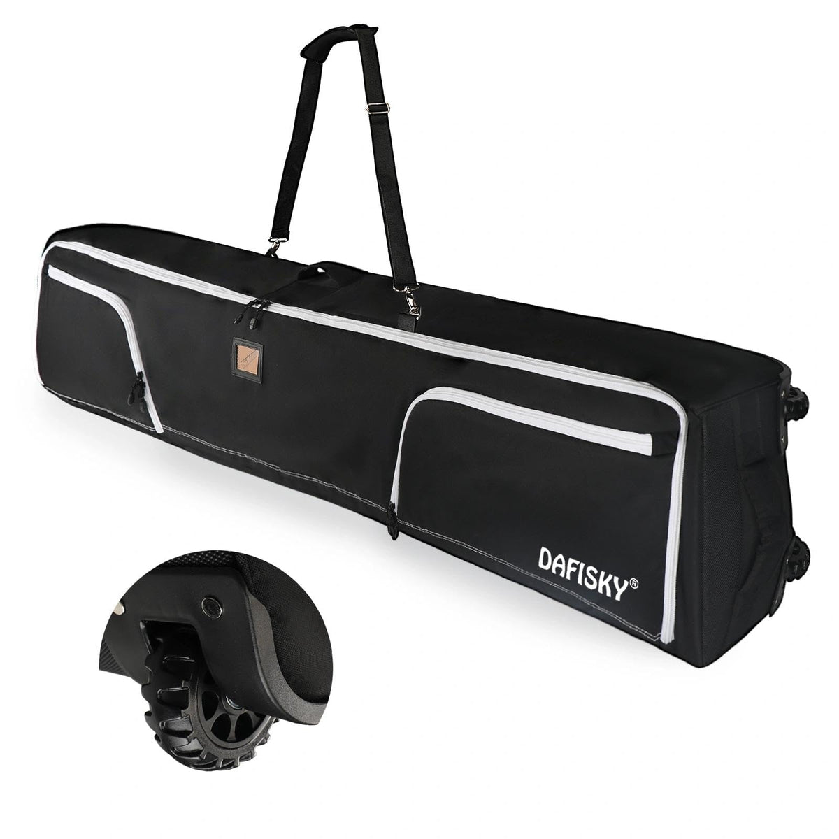 DAFISKY front view of packed ski bag showing sturdy shell and zipper for secure travel