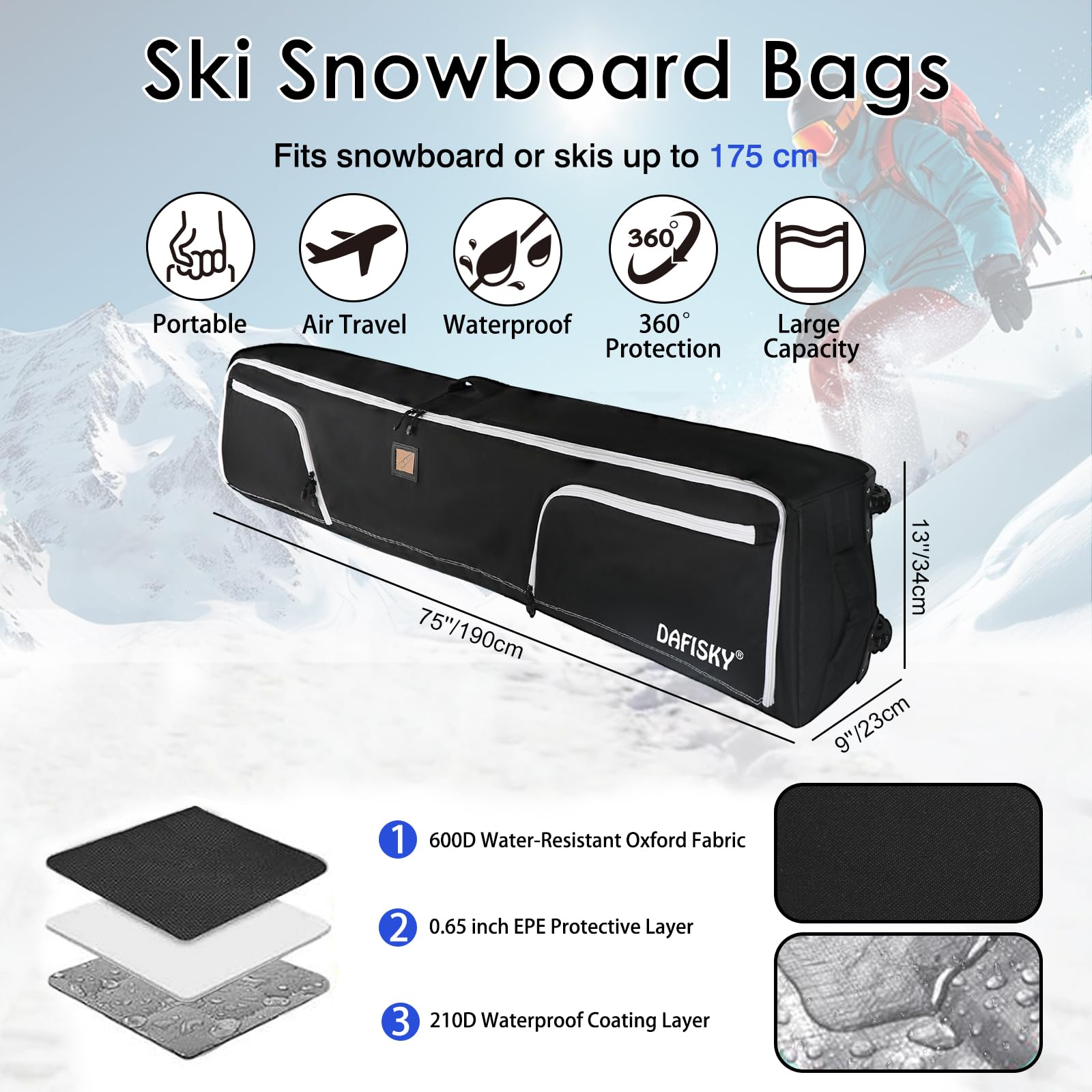 DAFISKY bag being rolled at a ski resort entrance for convenient transport