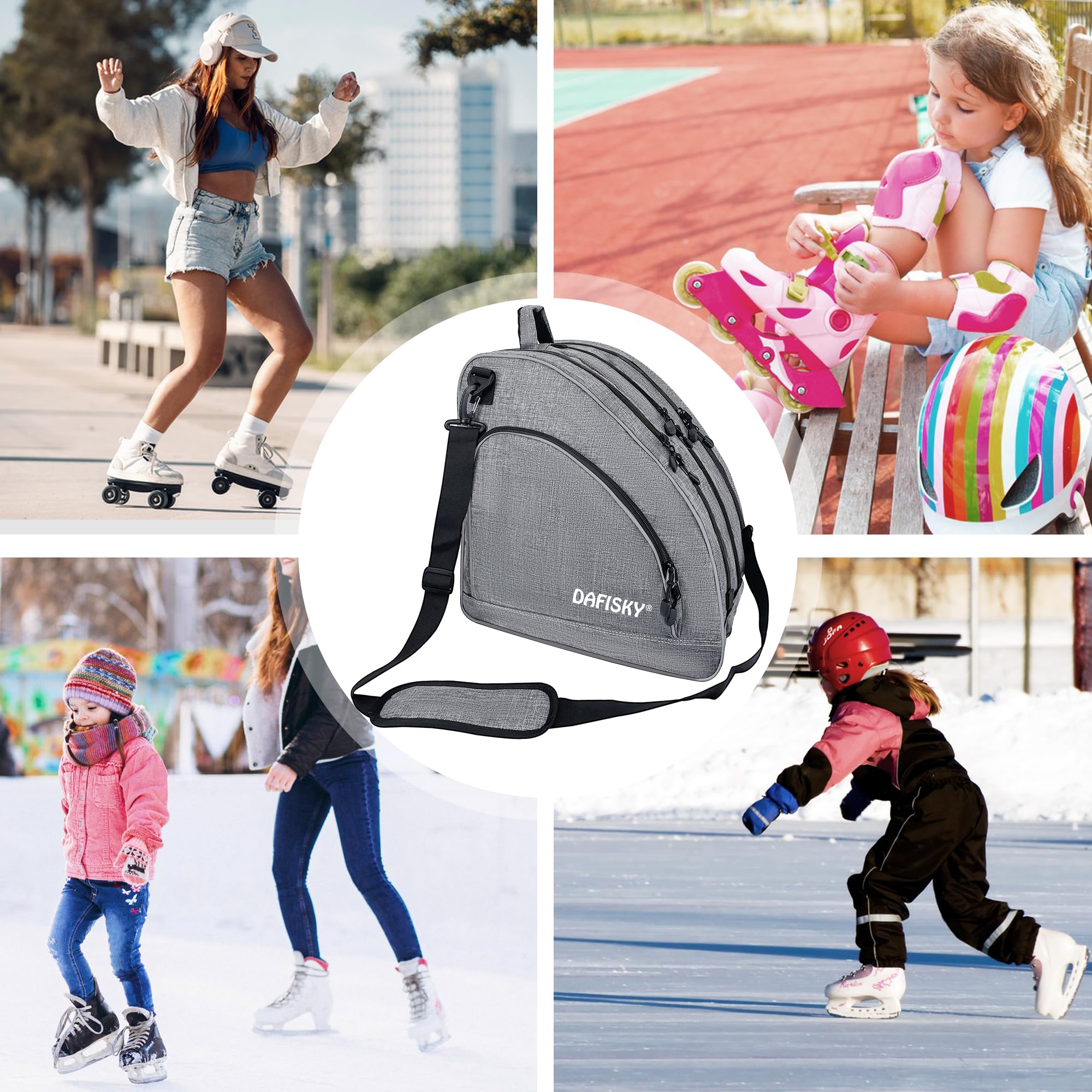 DAFISKY skate bag next to skates to show size and capacity