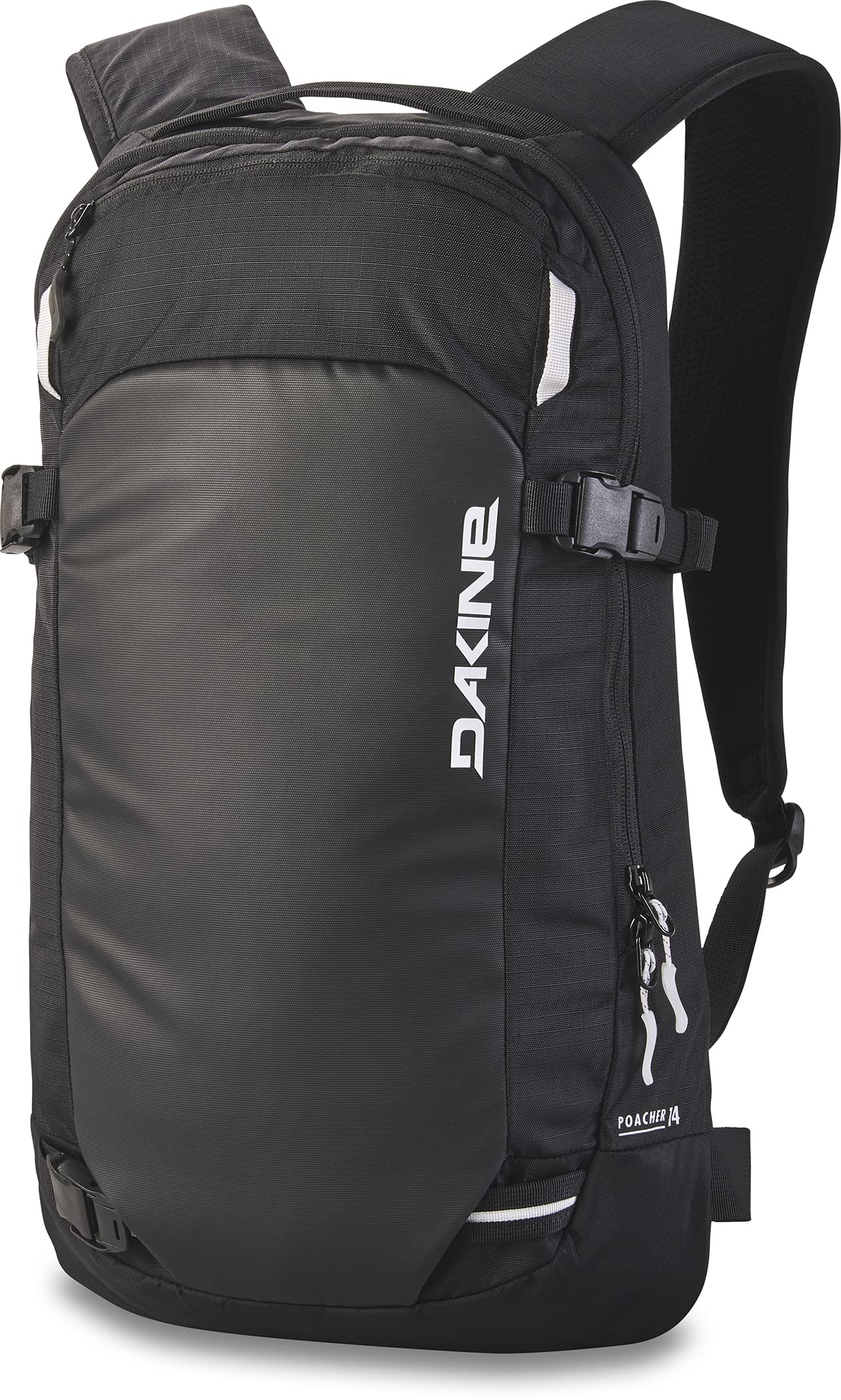 Dakine Poacher 14L front profile in black showing slim fit and pockets, ideal for light backcountry