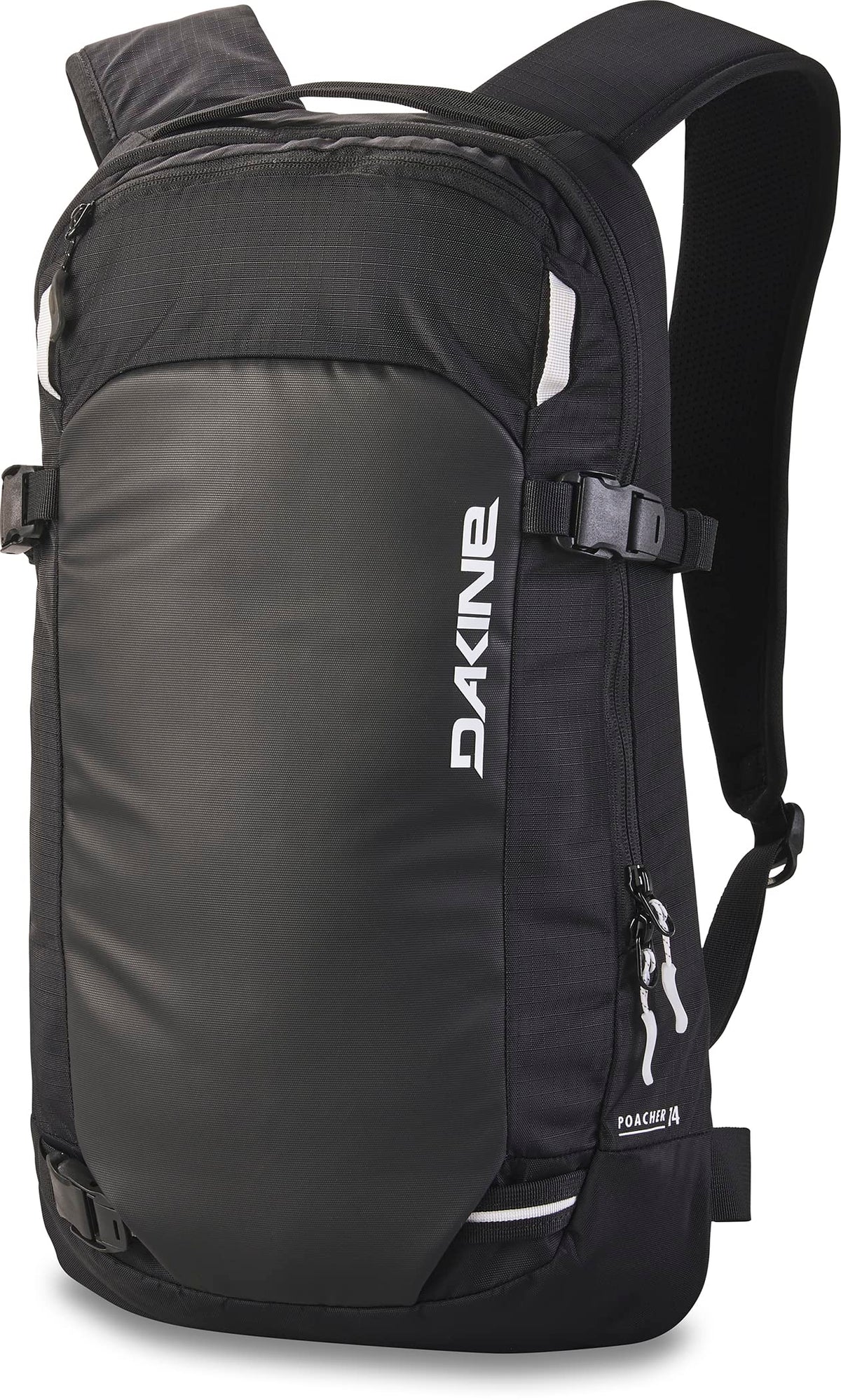 Dakine Poacher 14L front profile in black showing slim fit and pockets, ideal for light backcountry