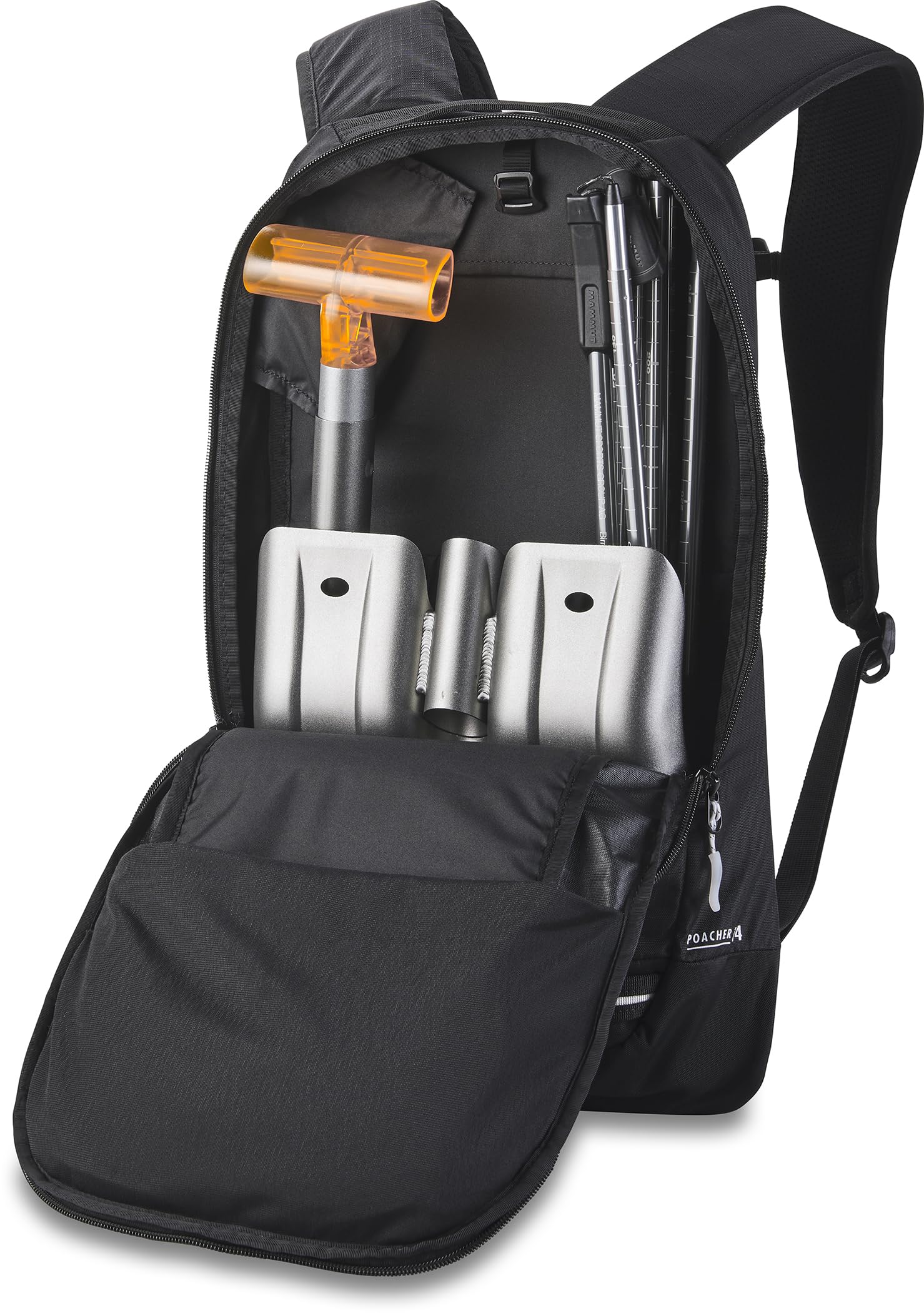 Dakine Poacher 14L on skier with diagonal ski carry engaged, demonstrating secure transport