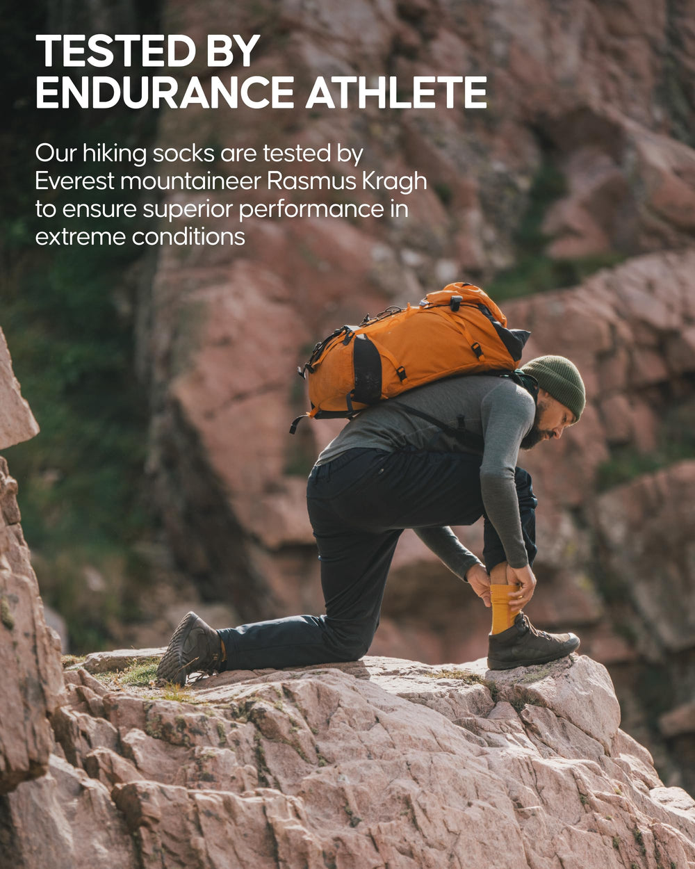 DANISH ENDURANCE socks on hiker on trail illustrating breathable comfort outdoors