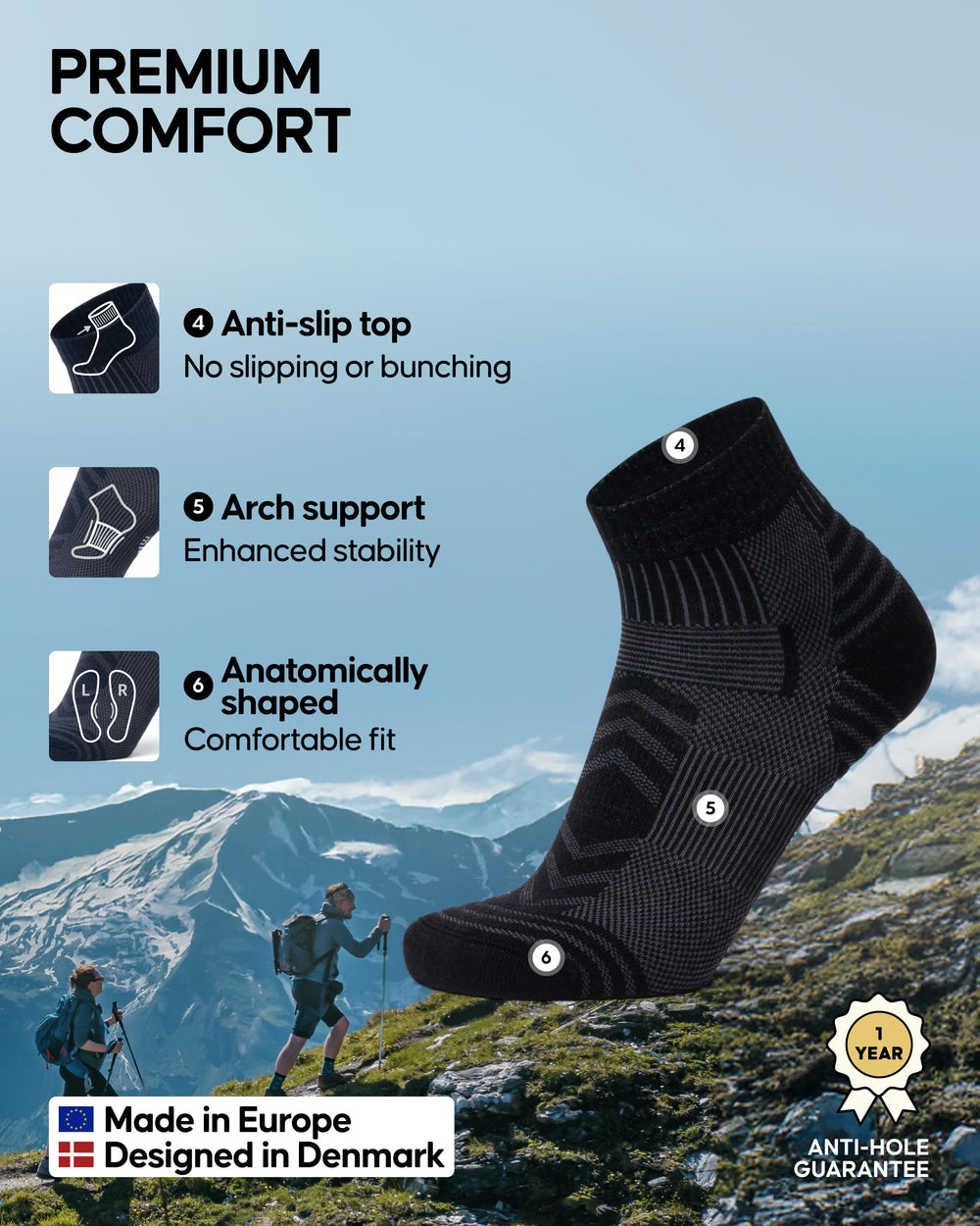 DANISH ENDURANCE sock in low hiking shoe demonstrating low-profile fit benefit