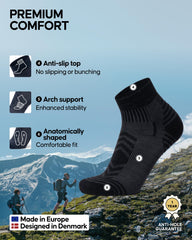 DANISH ENDURANCE sock in low hiking shoe demonstrating low-profile fit benefit