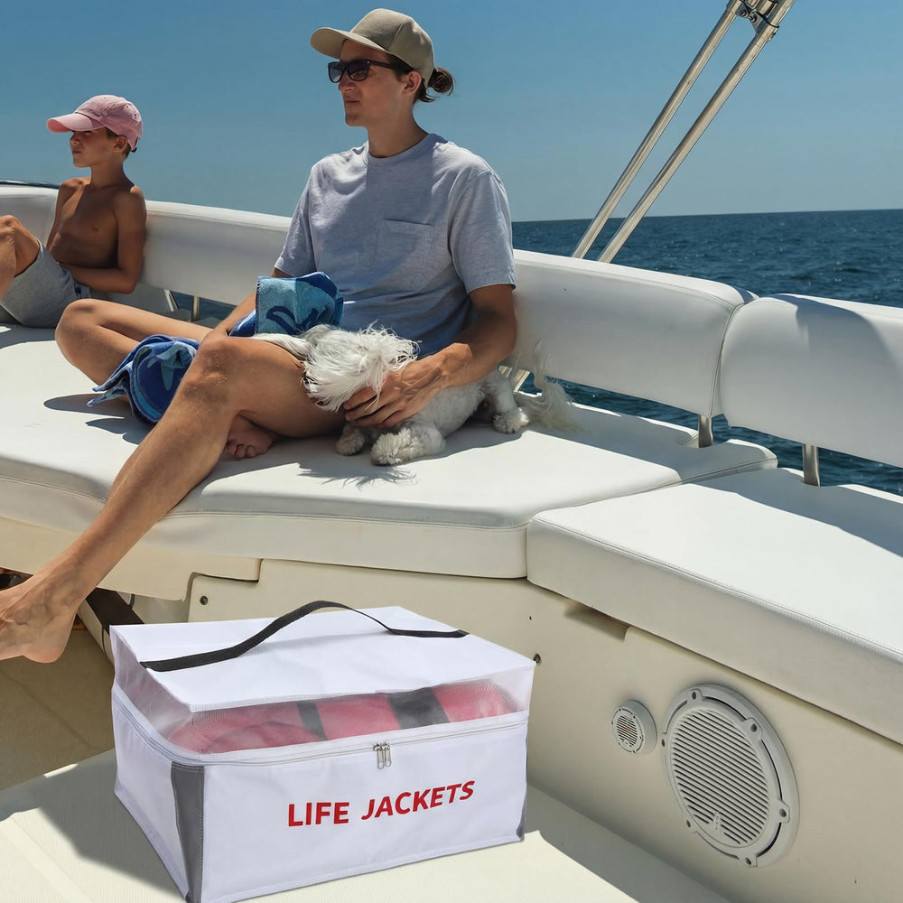 Dansydaisy bag filled with six life jackets showing capacity and space-saving benefit