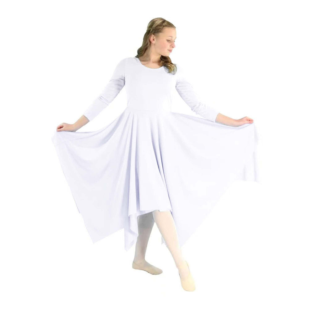 Danzcue front view white dress showing full silhouette and elegant movement benefit