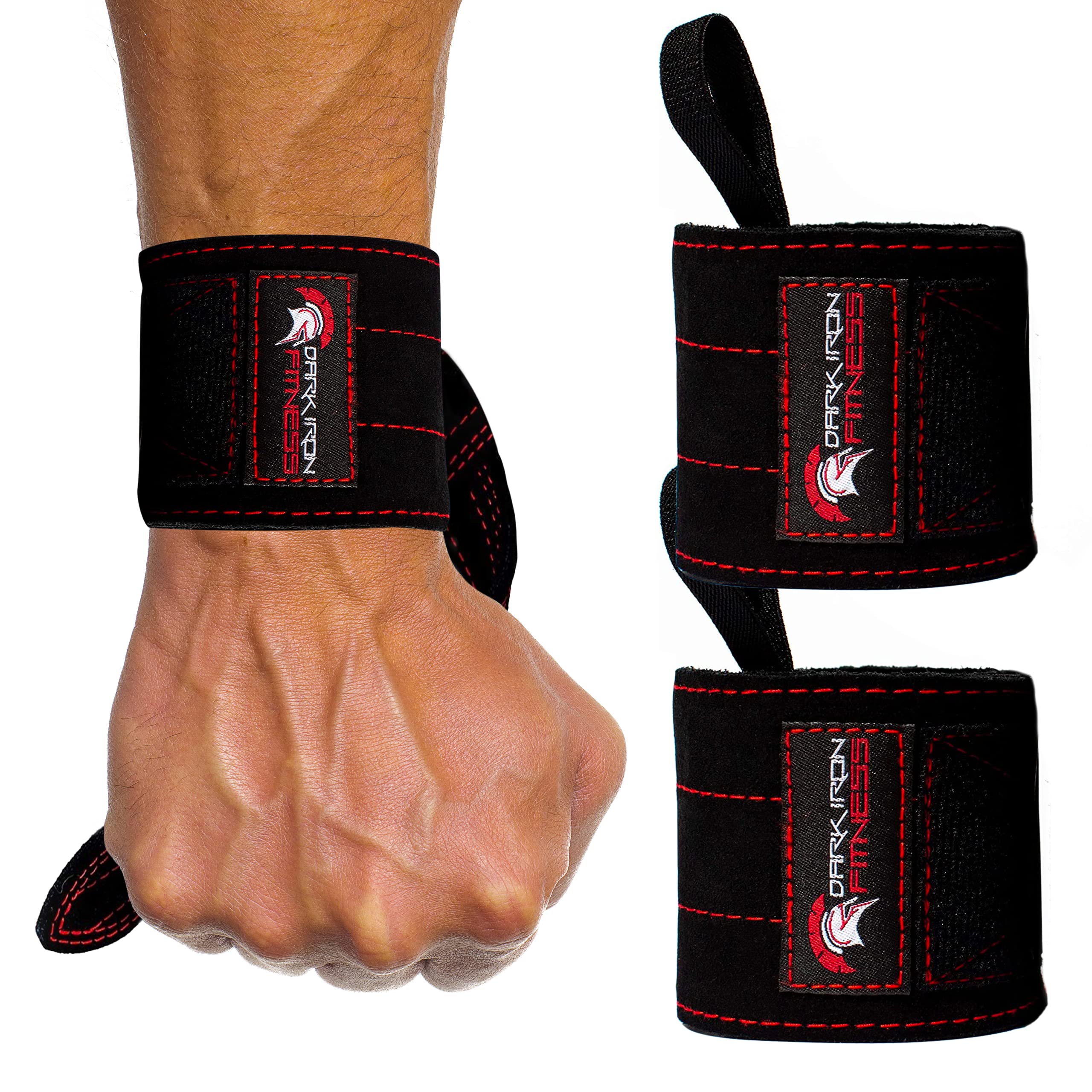 Dark Iron Fitness wrist wraps front view showing durable suede and strap