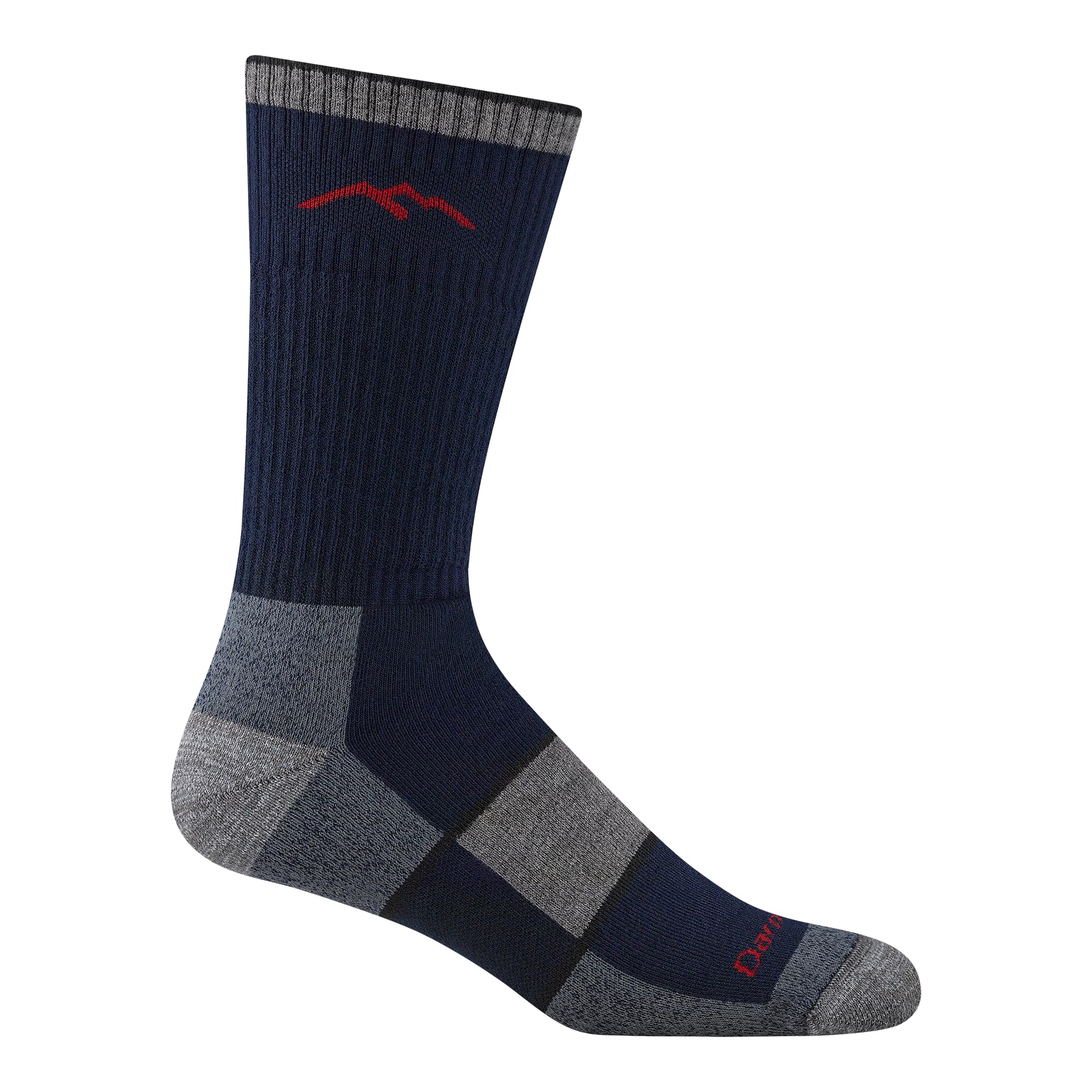 darn tough front view of navy 1933 hiker sock showing boot height and label benefit: durable protection