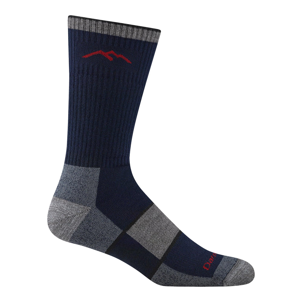 darn tough front view of navy 1933 hiker sock showing boot height and label benefit: durable protection