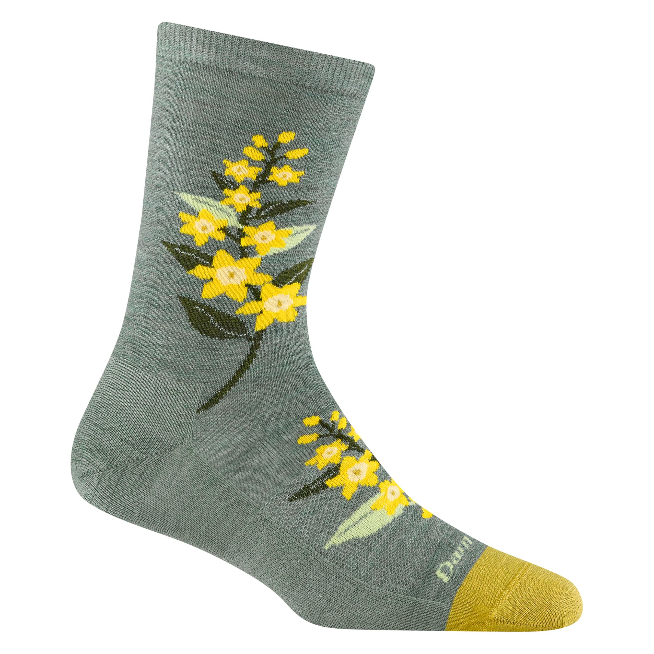 Darn Tough front view showing Blossom Crew Lightweight socks and floral pattern benefit