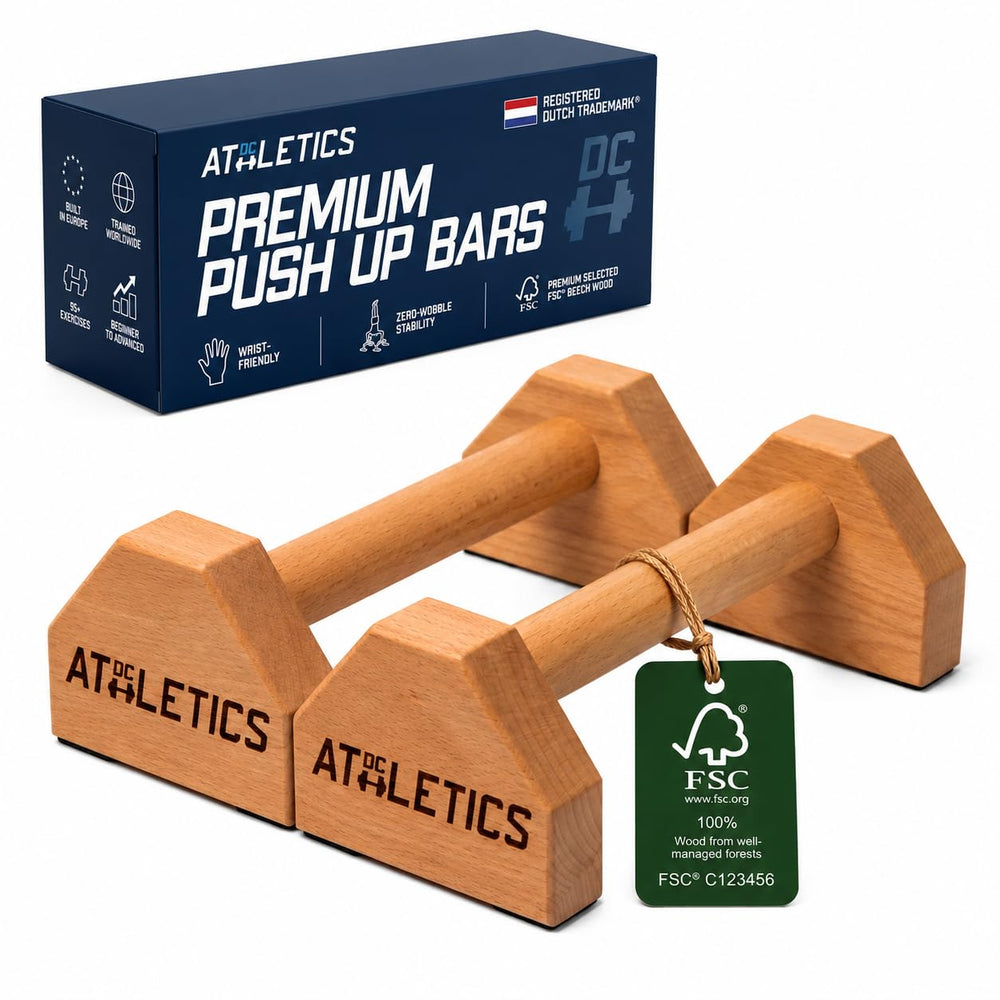 DC Athletics front view showing sturdy wooden parallettes and stable bases for safe training