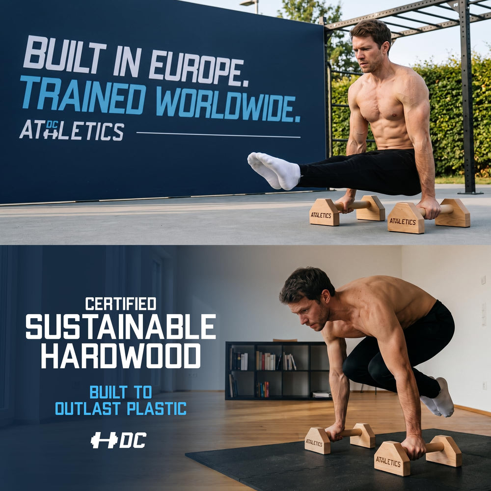 DC Athletics in-use demonstrating push-up form with wrist-friendly wooden handles for control