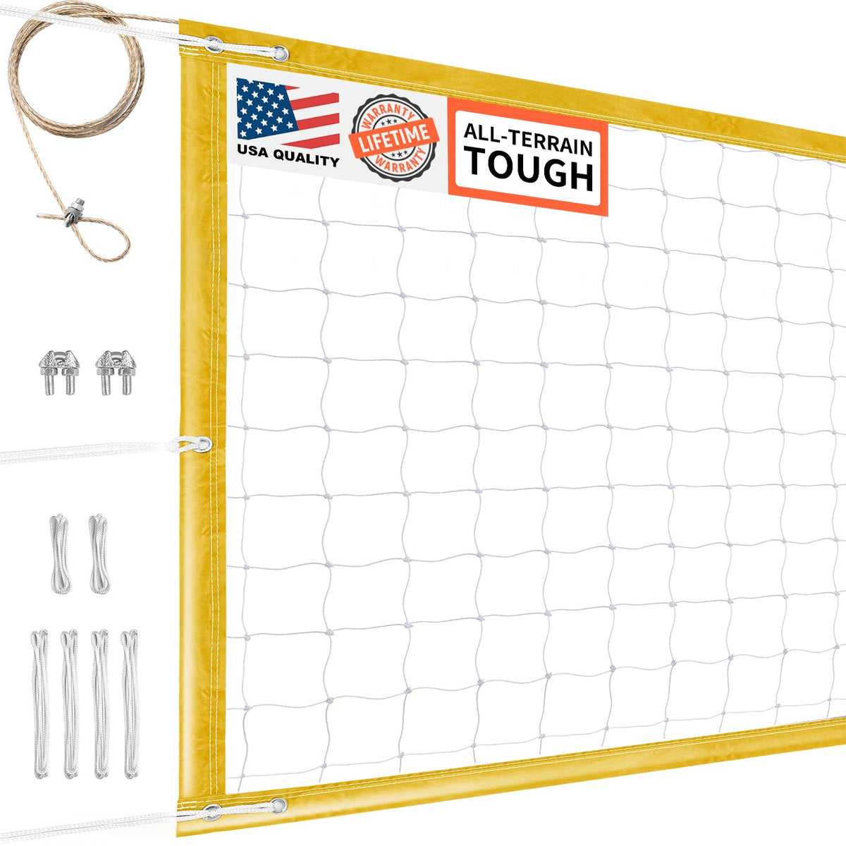DDVLG front view of full 32x3ft net showing reinforced border and bright yellow color for visibility