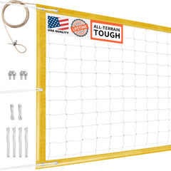 DDVLG front view of full 32x3ft net showing reinforced border and bright yellow color for visibility