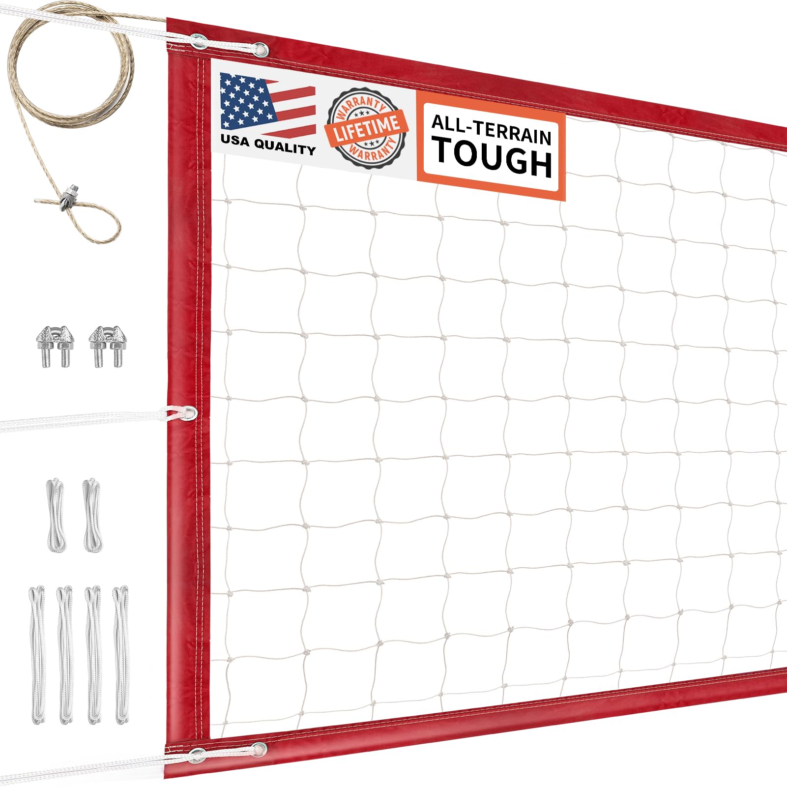 DDVLG front view of red volleyball net showing full coverage and durable finish