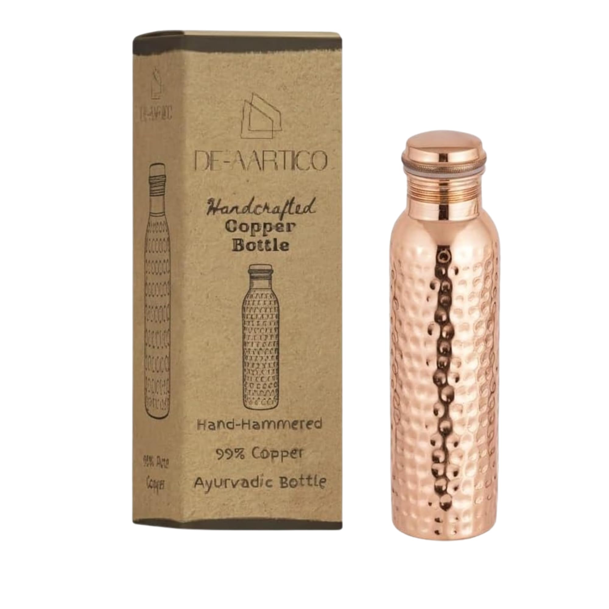 DE-AARTICO front view of copper bottle showing full 34 oz capacity and elegant finish