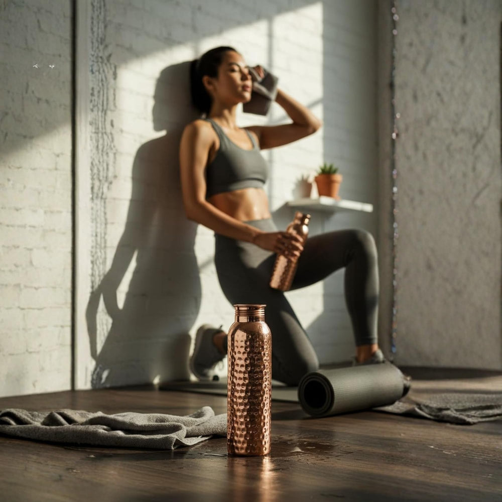 DE-AARTICO pouring water from copper bottle into glass to show practical serving benefit