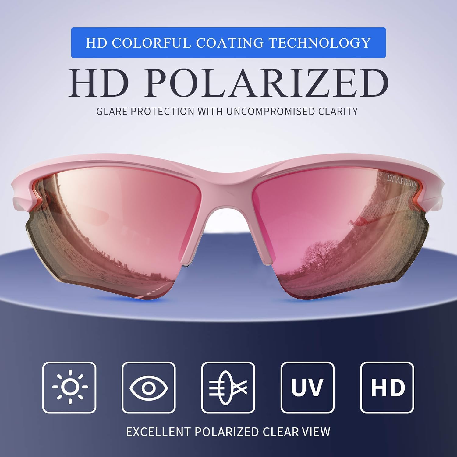 DEAFRAIN close-up of polarized lens reducing glare for clearer vision