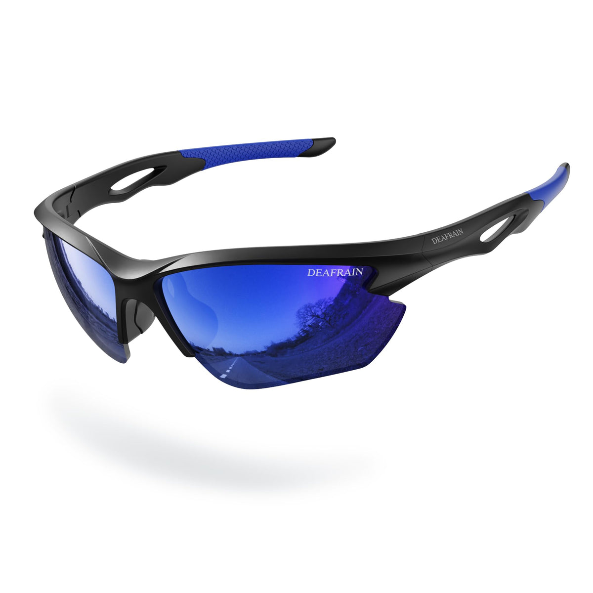 DEAFRAIN front view of sunglasses showing sporty wraparound fit and coverage
