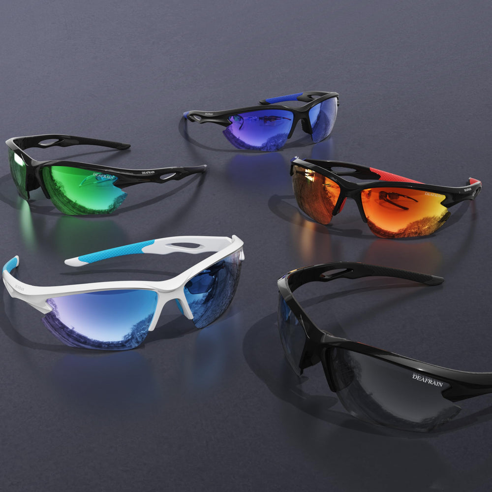 DEAFRAIN sunglasses worn by cyclist demonstrating aerodynamic fit and stability