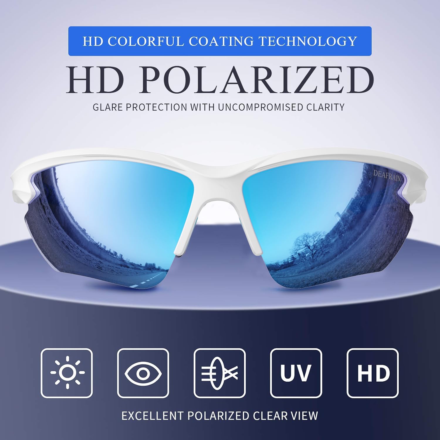 DEAFRAIN close-up of polarized lens highlighting glare reduction and clearer vision