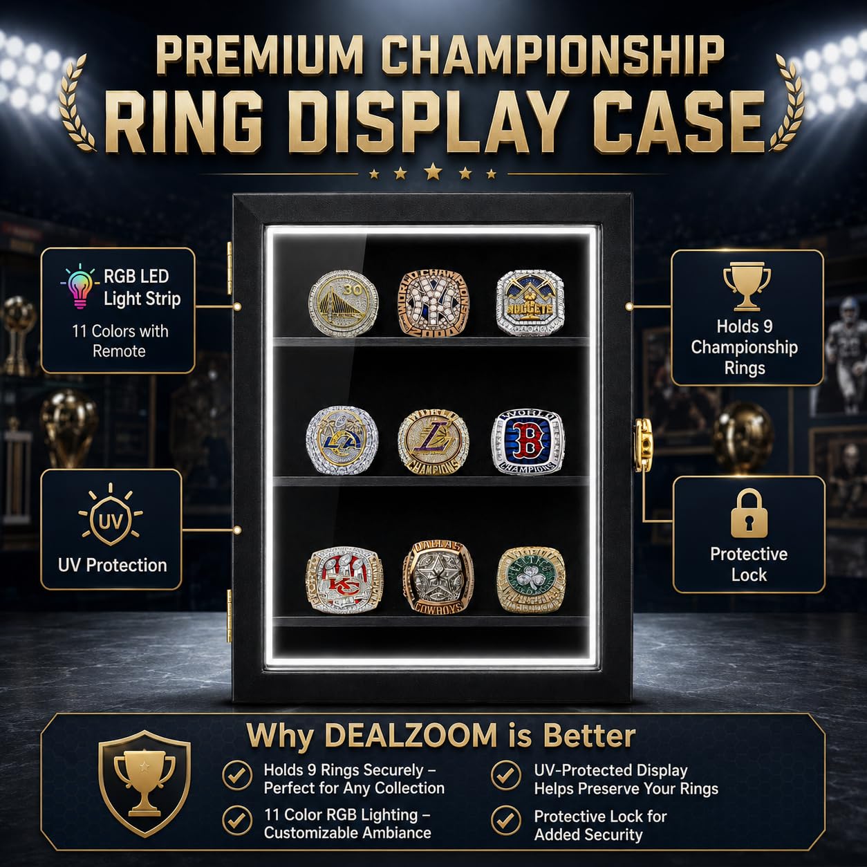 DEALZOOM close-up of RGB LEDs highlighting ring details and color options