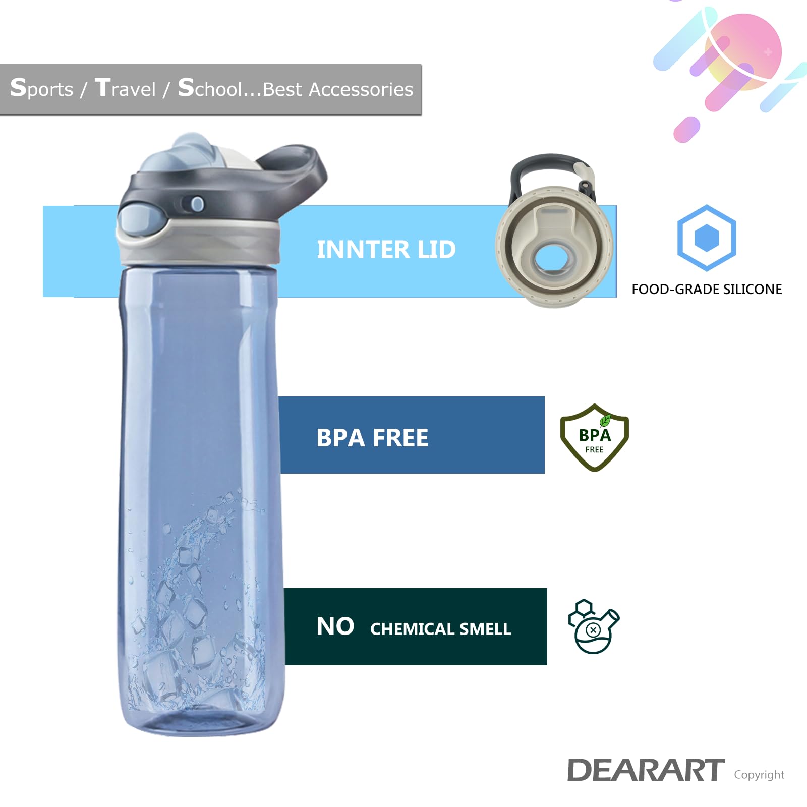 DEARART closeup of lock-button cap highlighting secure leakproof mechanism