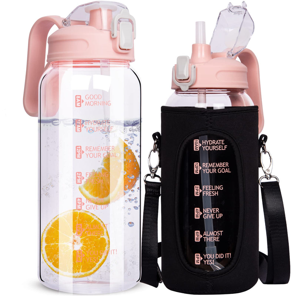 DEARRAY front view of 64 oz glass bottle showing time markers and clear body for hydration tracking