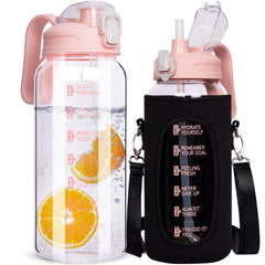 DEARRAY front view of 64 oz glass bottle showing time markers and clear body for hydration tracking