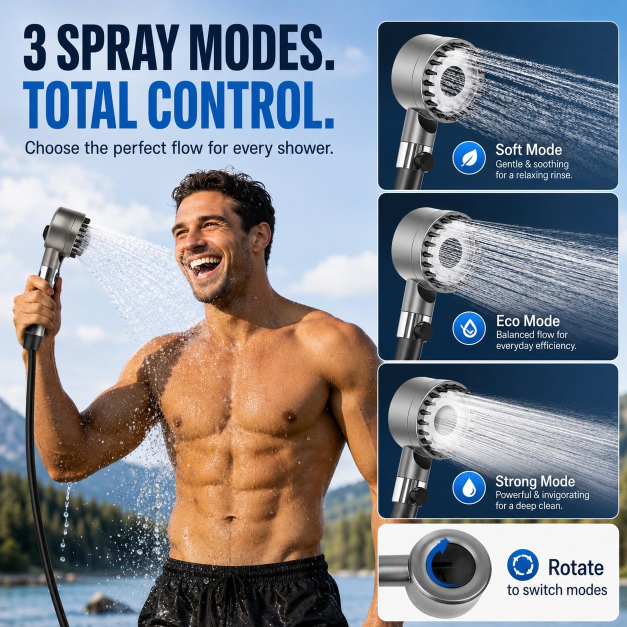 Debraltanner hose and shower head detail demonstrating spray modes