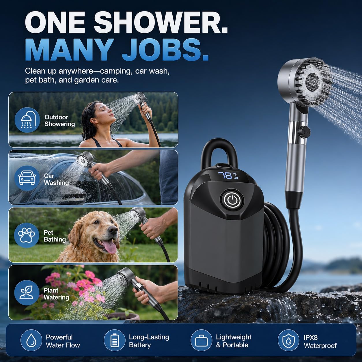 Debraltanner portable shower in use at beach rinsing sandy feet