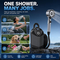 Debraltanner portable shower in use at beach rinsing sandy feet