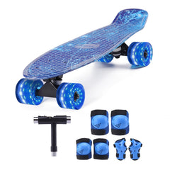 DEBROO front view of 22-inch cruiser board showing deck and wheels for kid-friendly portability
