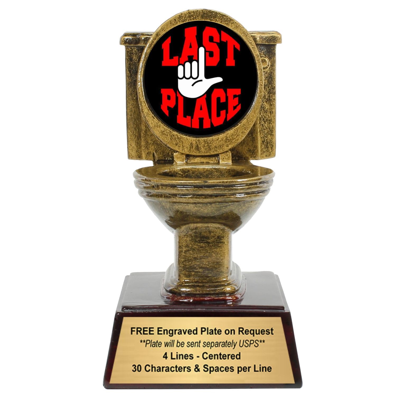 Decade Awards gold toilet trophy front view showing gleaming finish and last place charm