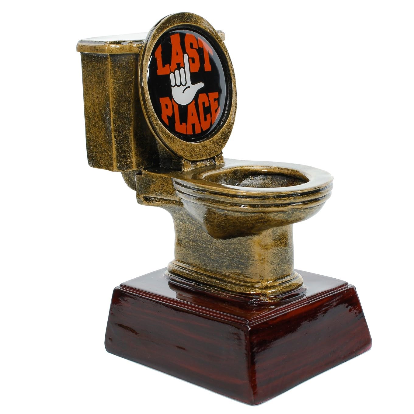 Decade Awards gold toilet trophy side detail highlighting sculpted contours and durability