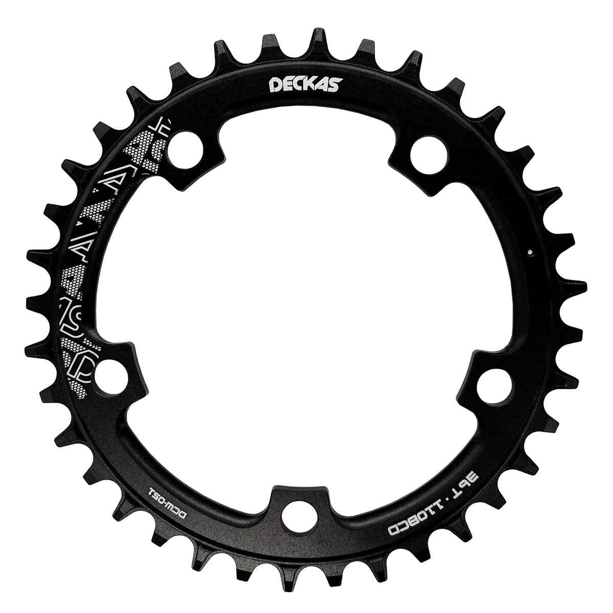 DECKAS front view of 36T chainring showing tooth pattern and mounting holes, durable upgrade