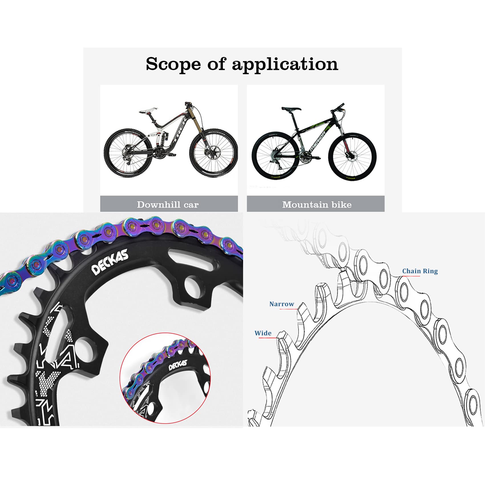 DECKAS chainring next to ruler showing 110BCD scale for accurate fit verification
