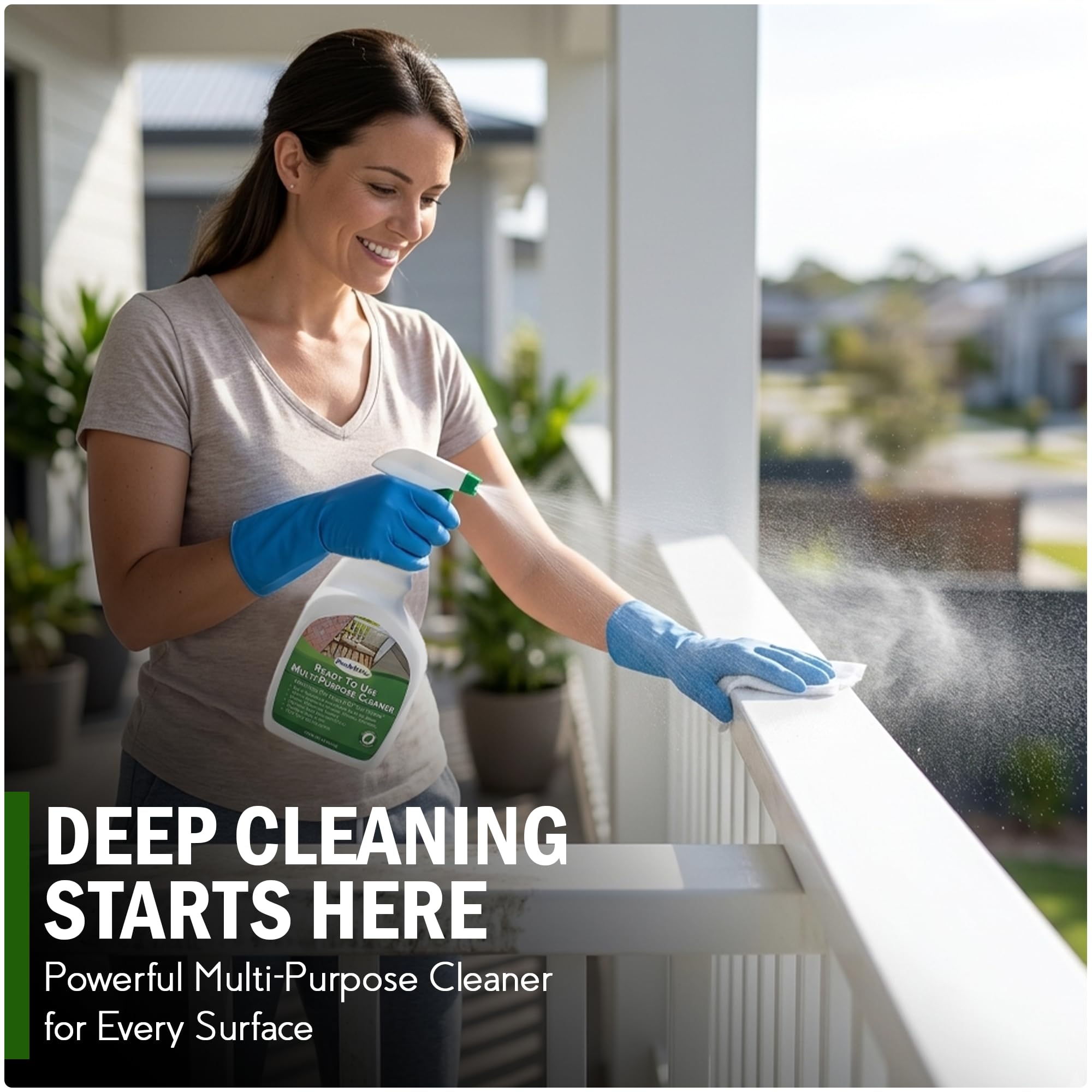 DeckMAX application with sprayer on railing showing low-effort cleaning and even coverage
