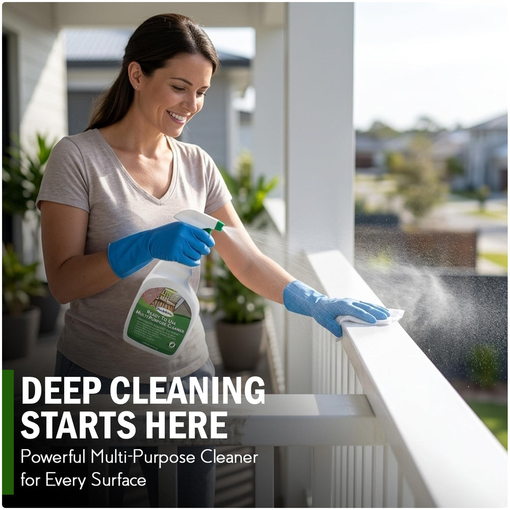 DeckMAX application with sprayer on railing showing low-effort cleaning and even coverage