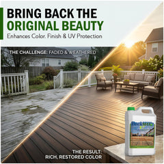 DeckMAX before-and-after PVC deck panel highlighting restored color and reduced stains