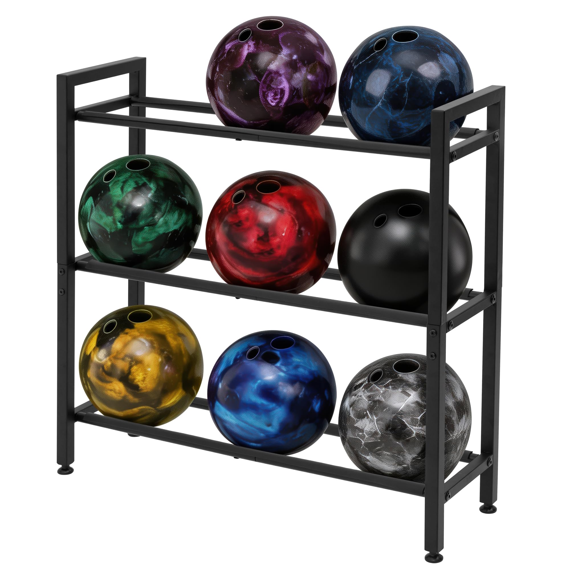 DECORDEEP front view of rack showing organized nine-ball capacity and space-saving benefit