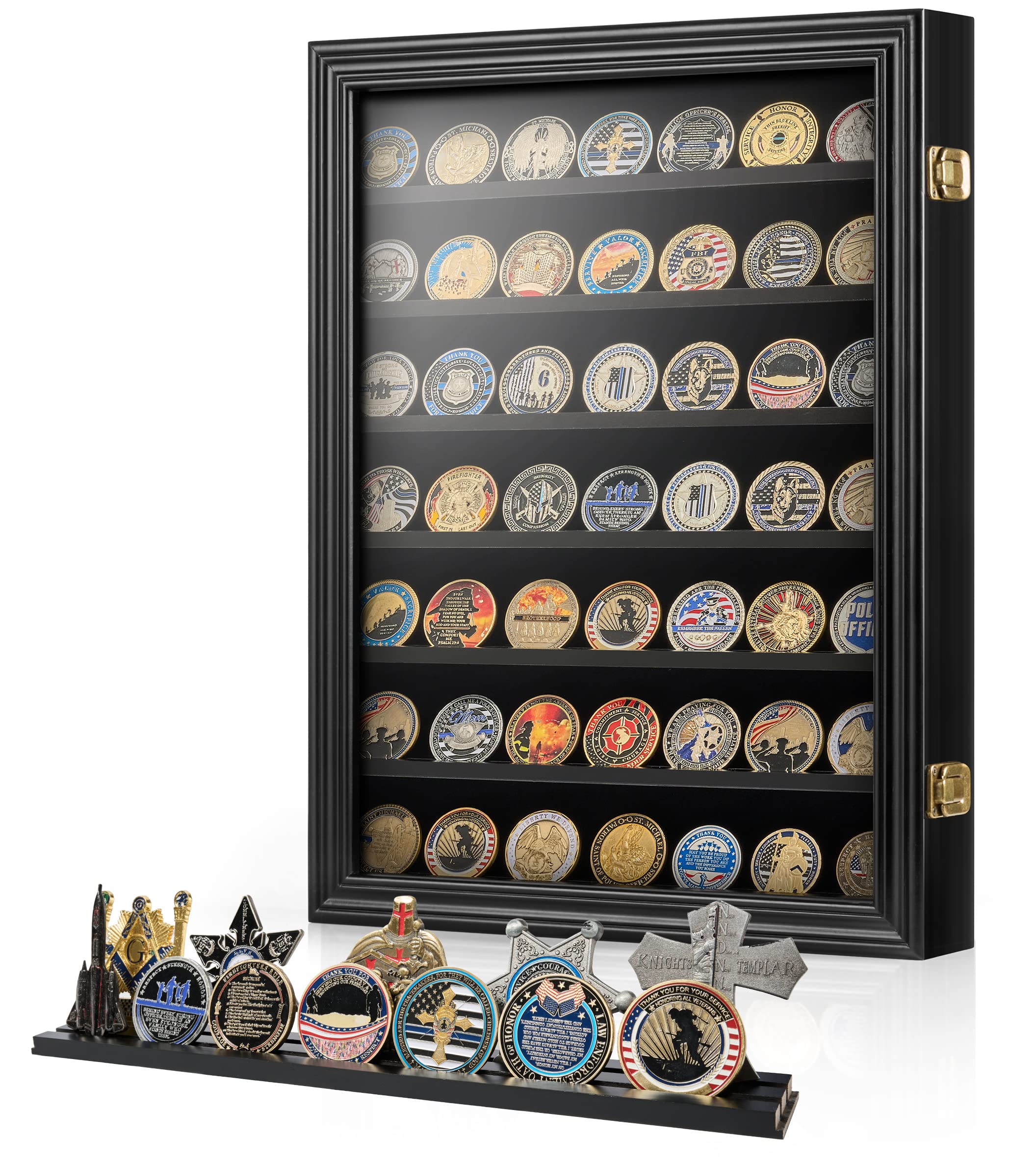 DecoWoodo front view display case showing coins neatly arranged and clear glass